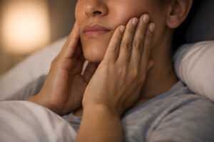 Person experiencing jaw discomfort from nighttime teeth grinding